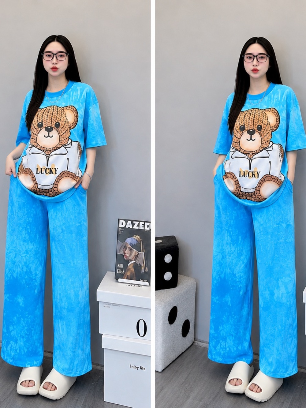 Blue Kids Pajama Set with Teddy Bear Graphic